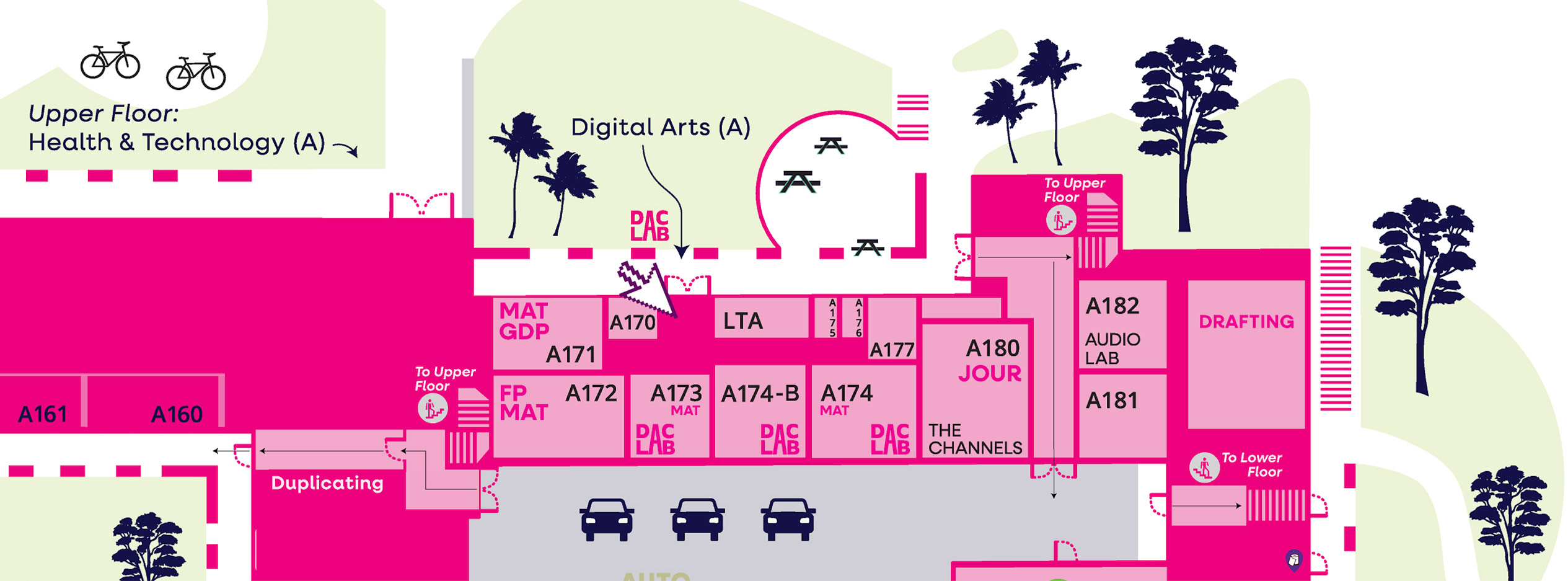 Cropped campus map showing the location of the DAC Lab, in the Admin building on the other side of Automotive Technology